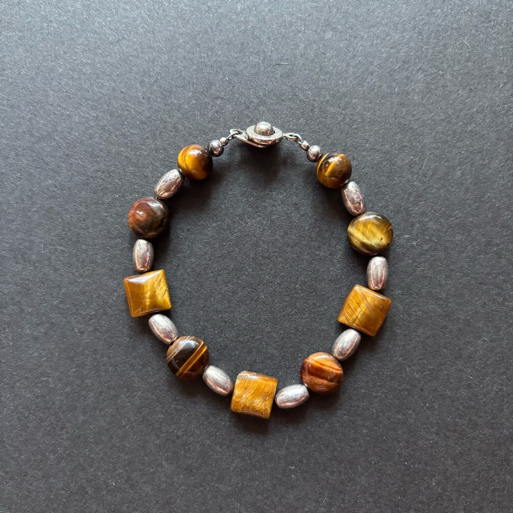 Tiger’s Eye Silver Beaded Bracelet | Ball Hitch Closure | 6.25 IN - Picture 2 of 7
